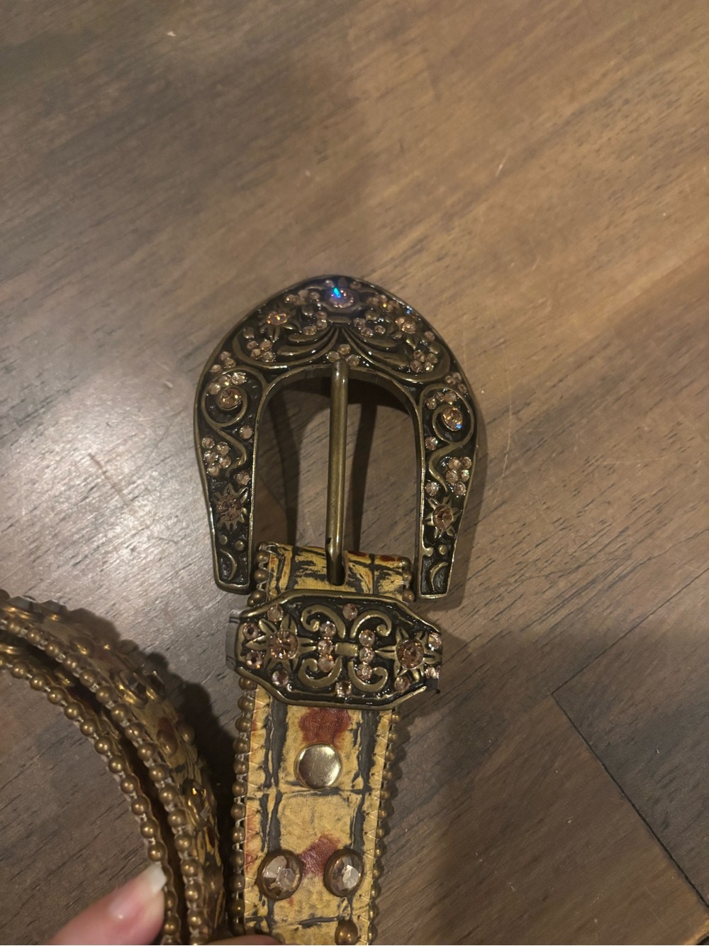 B.B. Simon Gold and Brown Western Crystal Buckle Belt